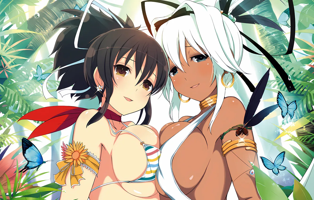 Photo wallpaper sexy, cleavage, girls, brown hair, brown eyes, boobs, anime, beautiful