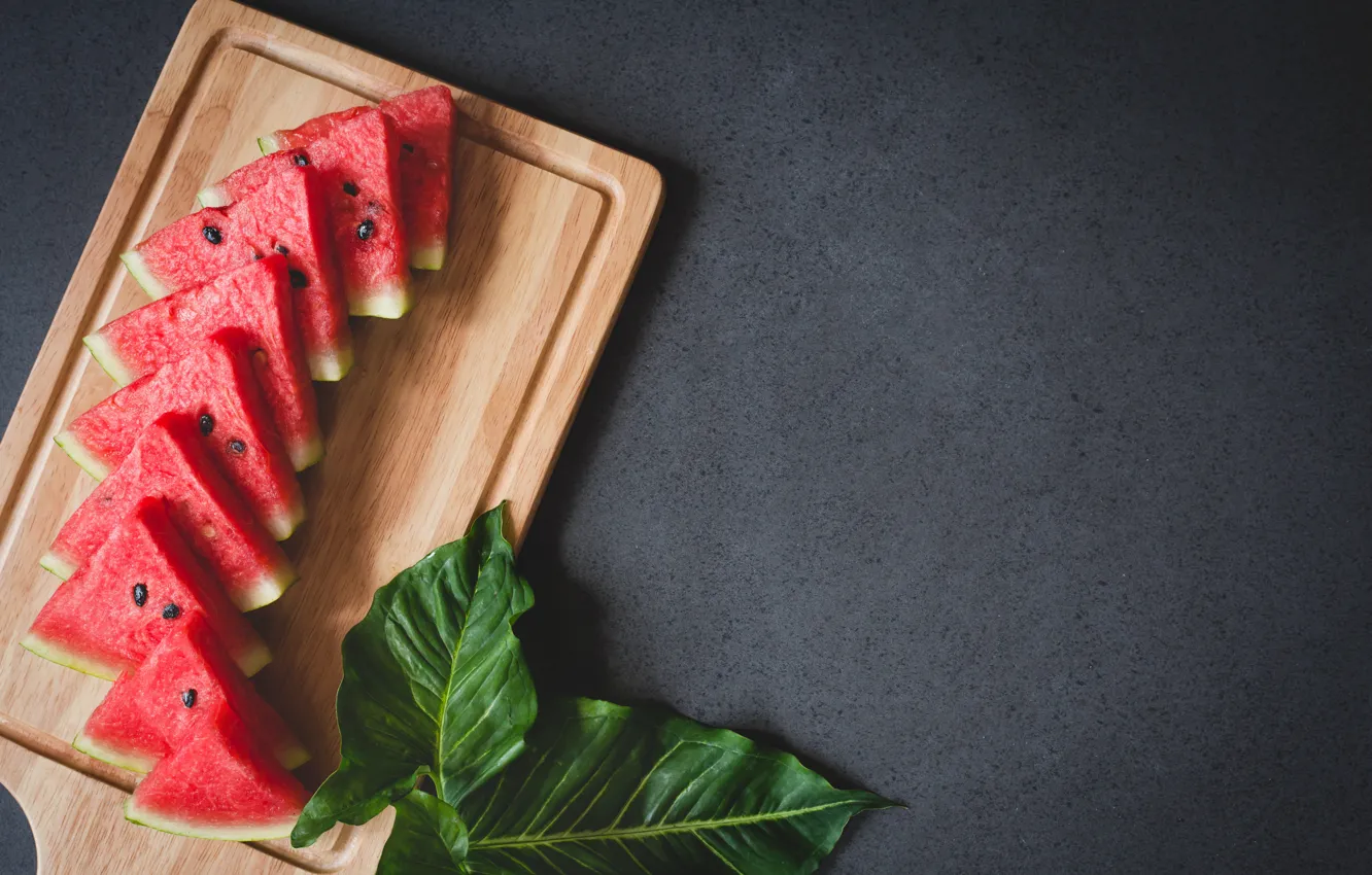 Photo wallpaper leaves, watermelon, berry, Board, slices