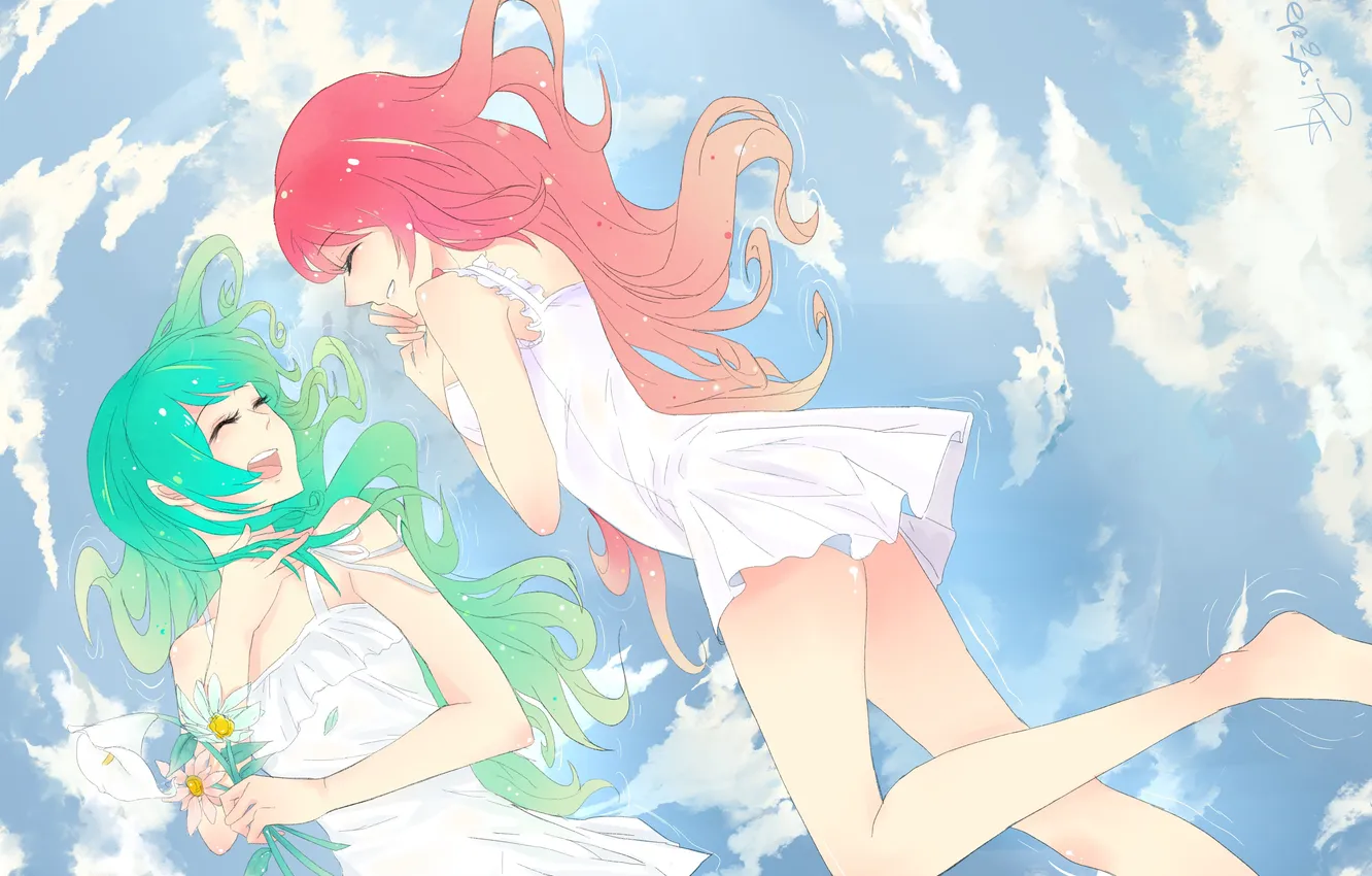 Photo wallpaper the sky, girl, clouds, flowers, smile, mood, dress, vocaloid