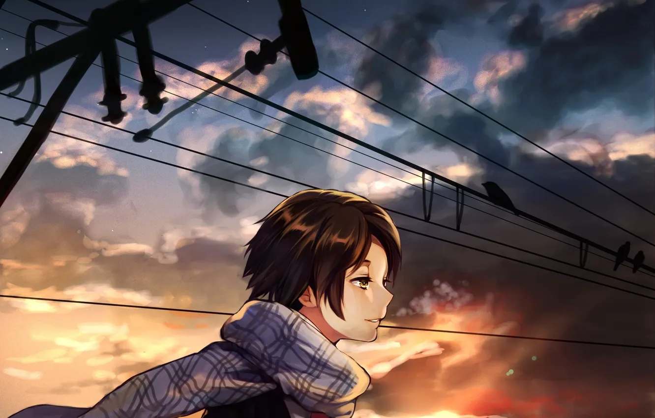 Photo wallpaper cold, sunset, smile, mood, bird, scarf, guy, art