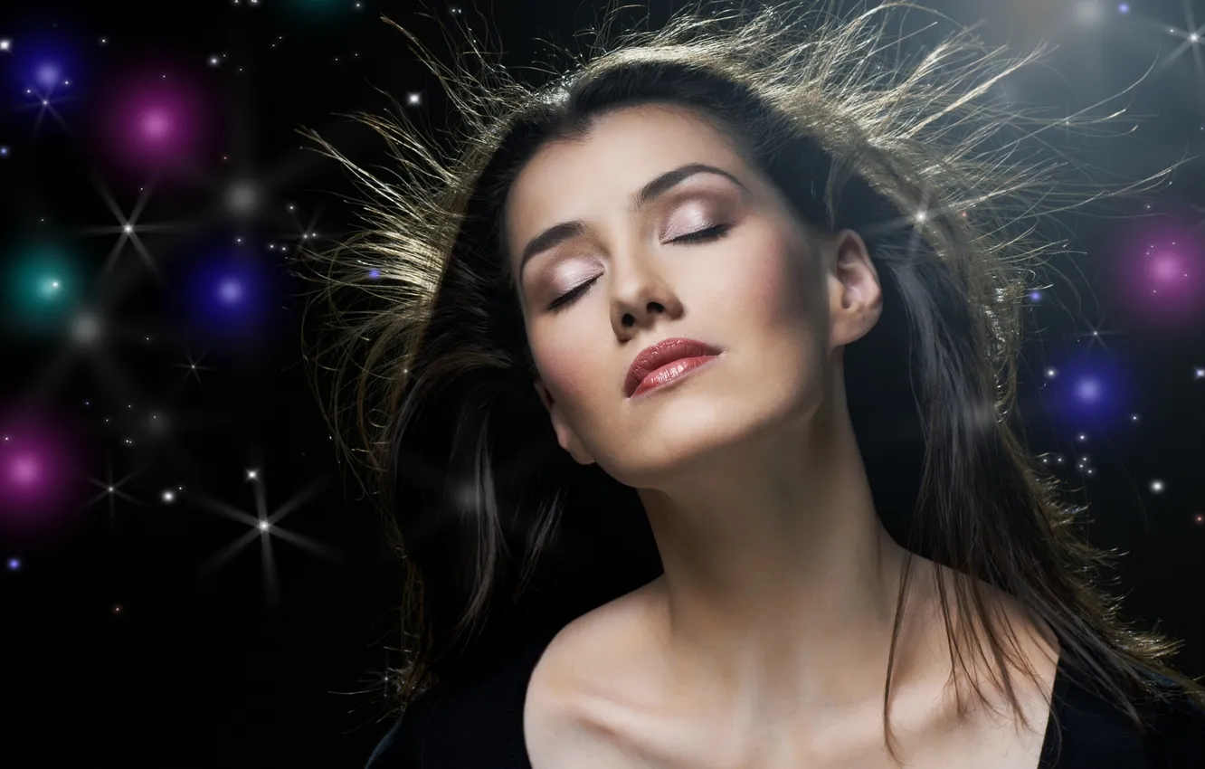 Photo wallpaper girl, stars, night, hair, brunette, beauty, girl, beautiful