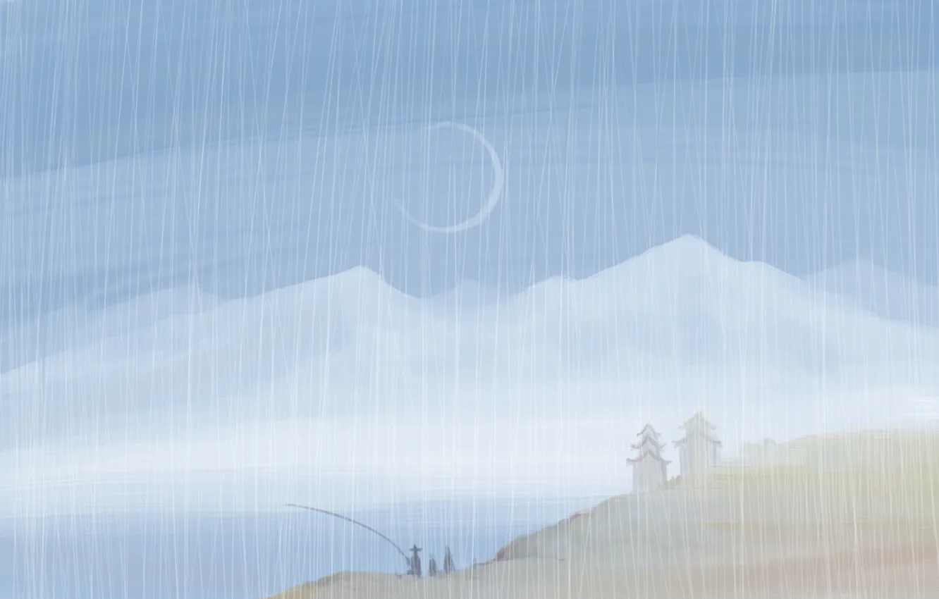 Photo wallpaper mountains, rain, the moon, shore, fisherman, hammer, painted landscape
