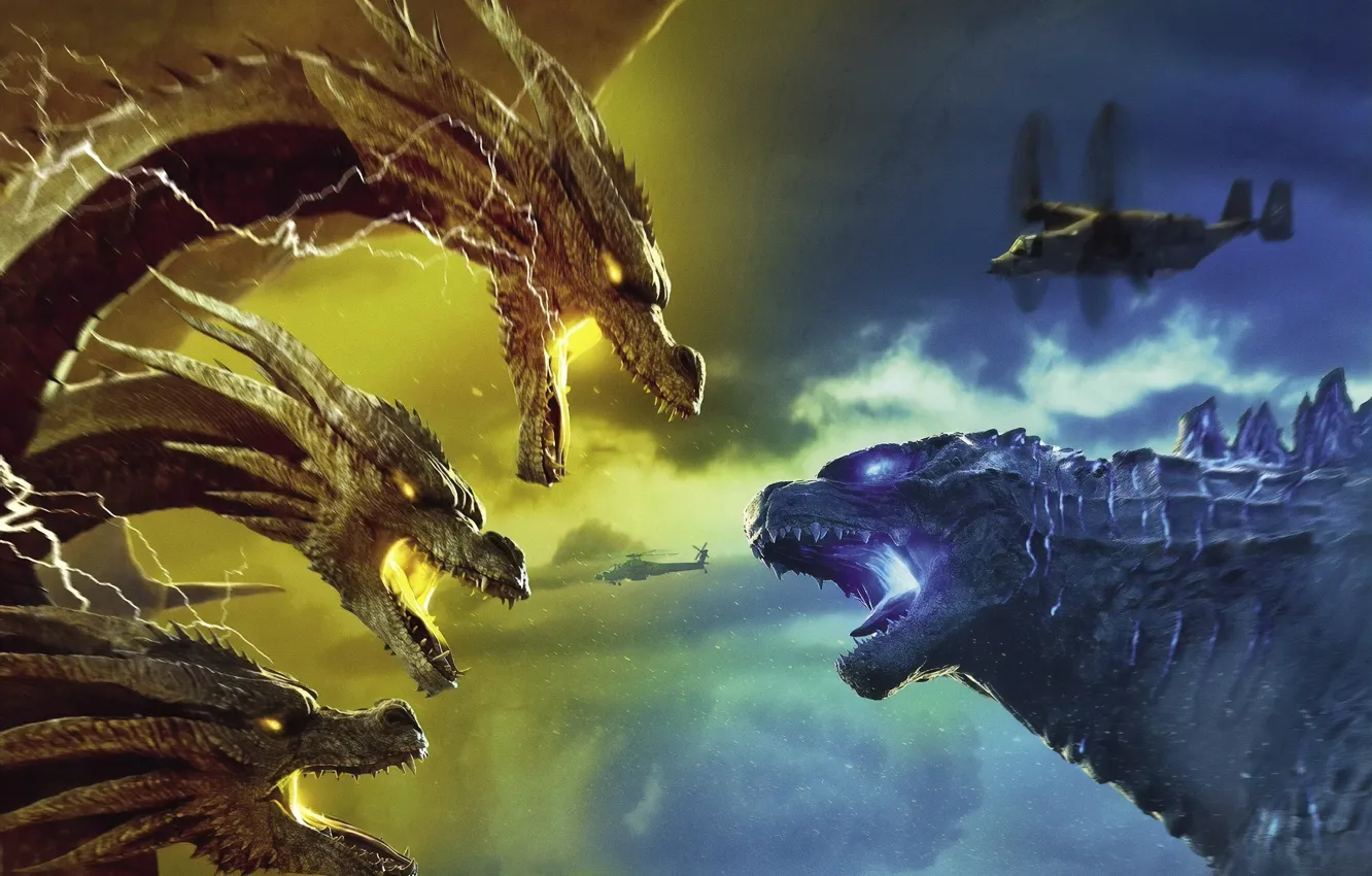 Photo wallpaper battle, Godzilla, King Gidora, Godzilla: King of the Monsters, Godzilla 2: king of the monsters