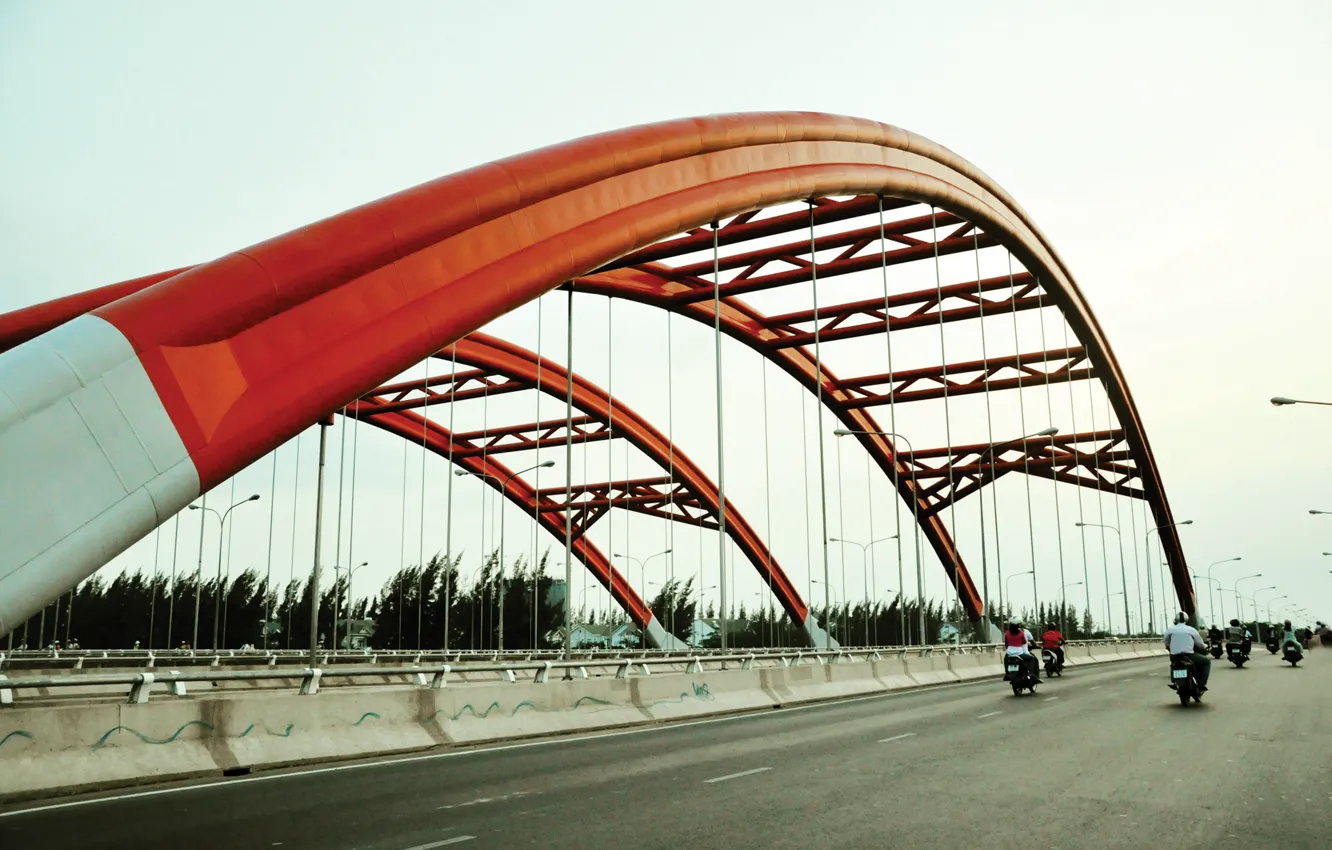 Photo wallpaper red, river, bridge, water, lake