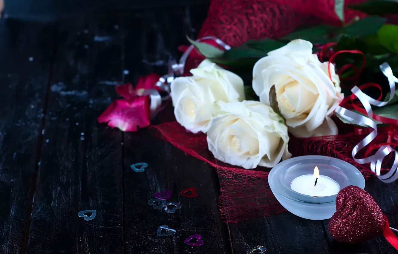 Photo wallpaper flowers, heart, roses, candle, hearts, white roses, Valentine's Day