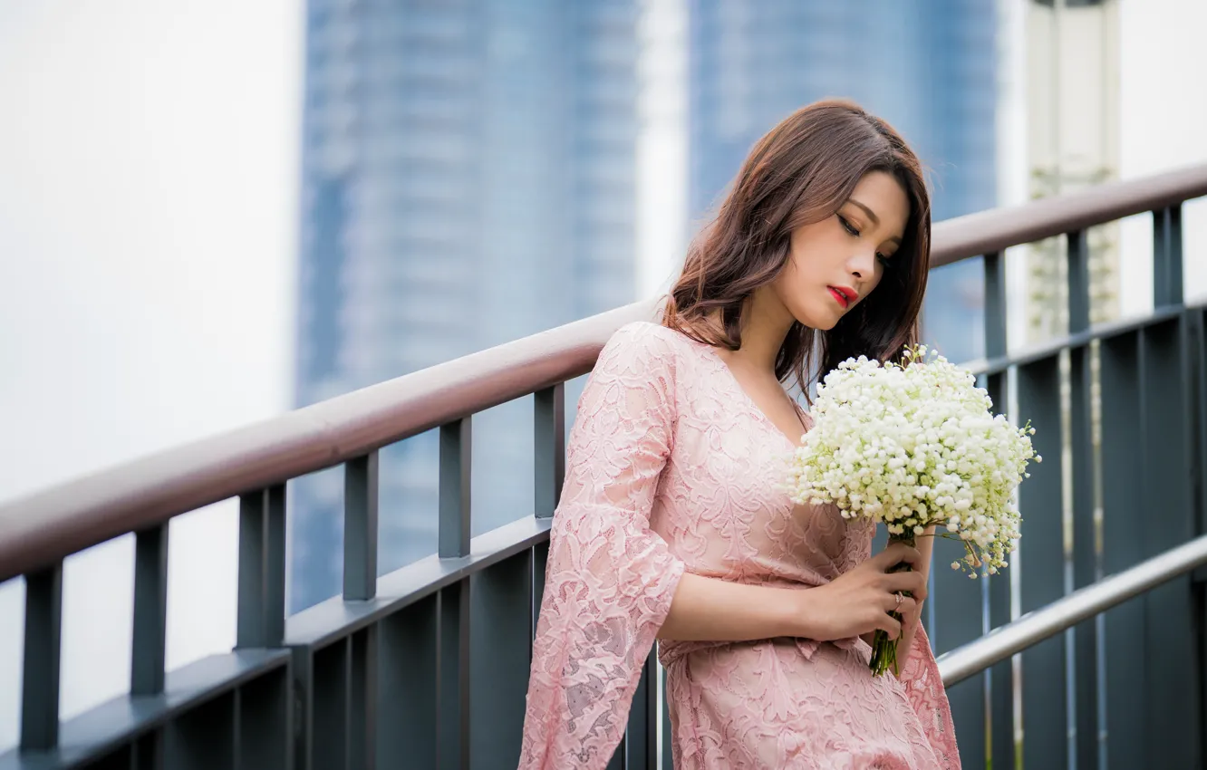 Photo wallpaper girl, bouquet, Asian, bokeh