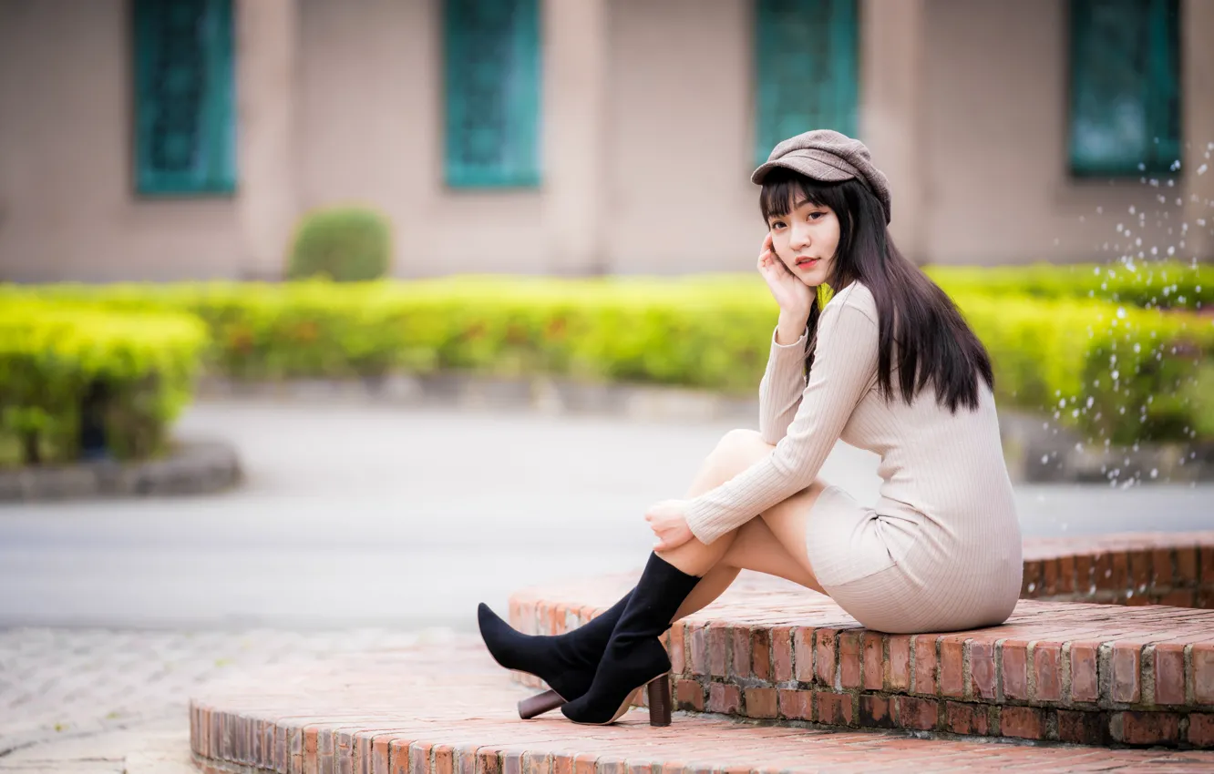 Photo wallpaper girl, dress, cap, legs, Asian, boots, cutie