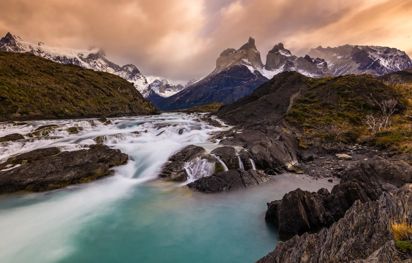 Photo wallpaper clouds, mountains, river