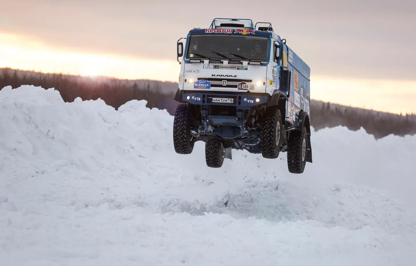 Photo wallpaper Winter, Snow, Speed, Jump, Truck, Master, Day, Russia