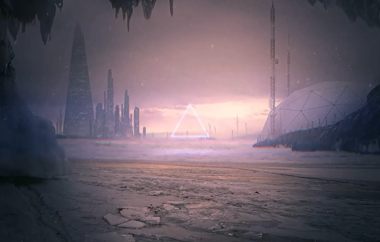 Photo wallpaper sea, snow, the city, ice, cyberpunk, the dome, cyberpunk