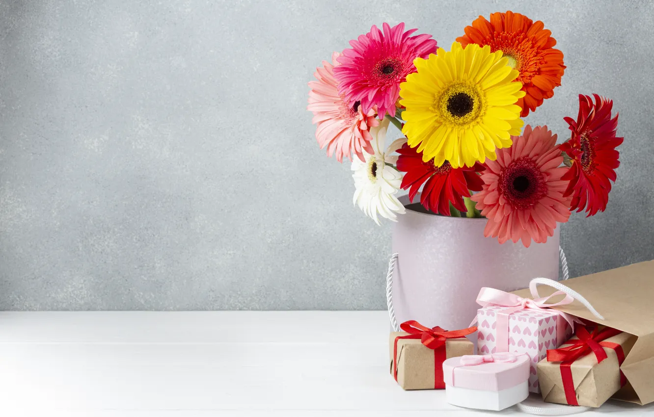 Photo wallpaper flowers, gift, bouquet, gerbera, box