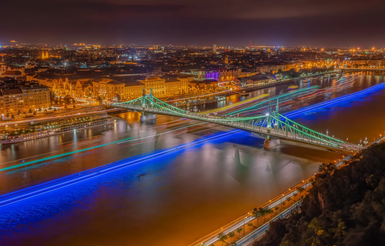 Photo wallpaper bridge, river, building, home, panorama, night city, Hungary, Hungary