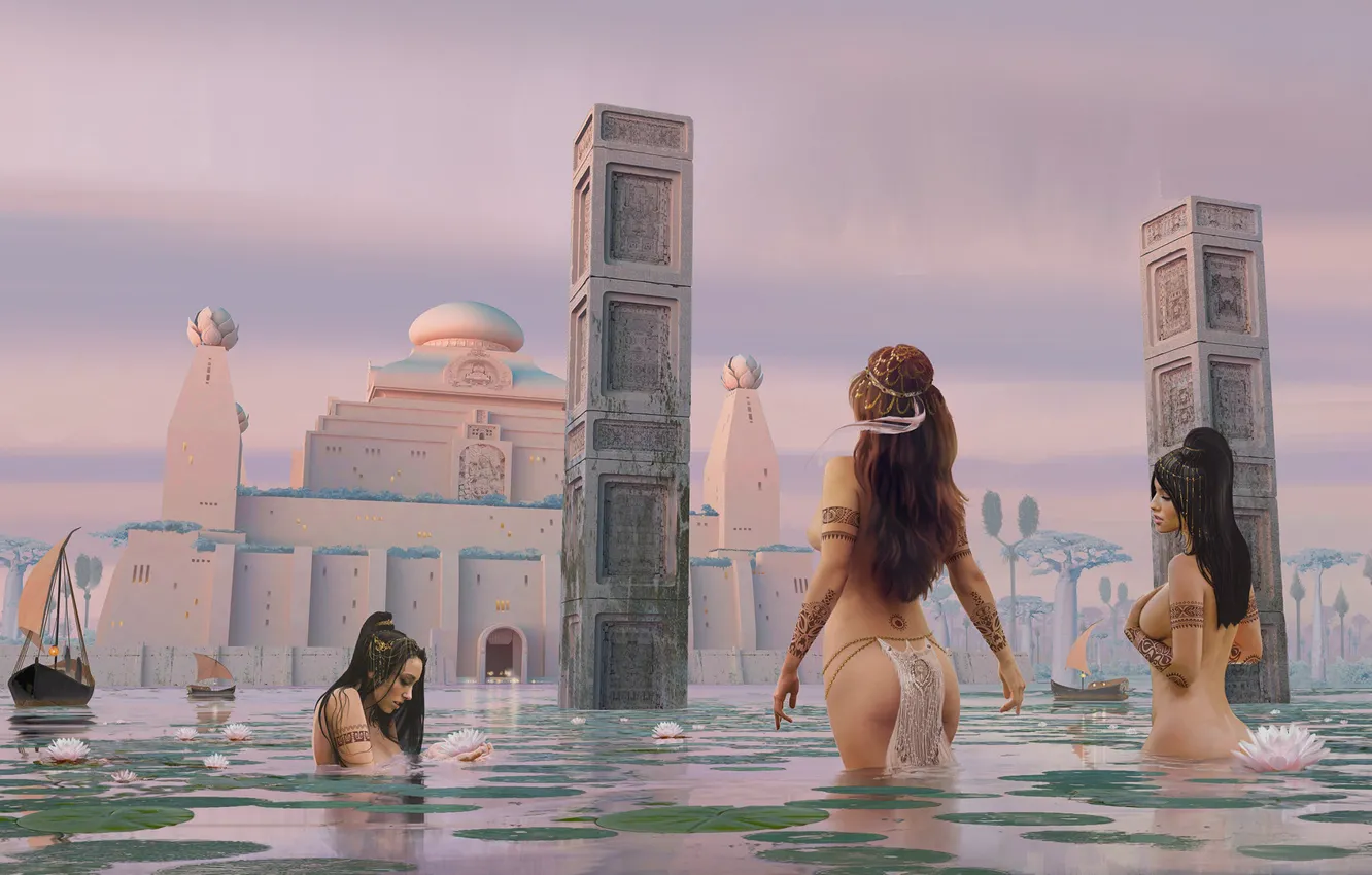 Photo wallpaper women, water, bathing, Lotus, tower