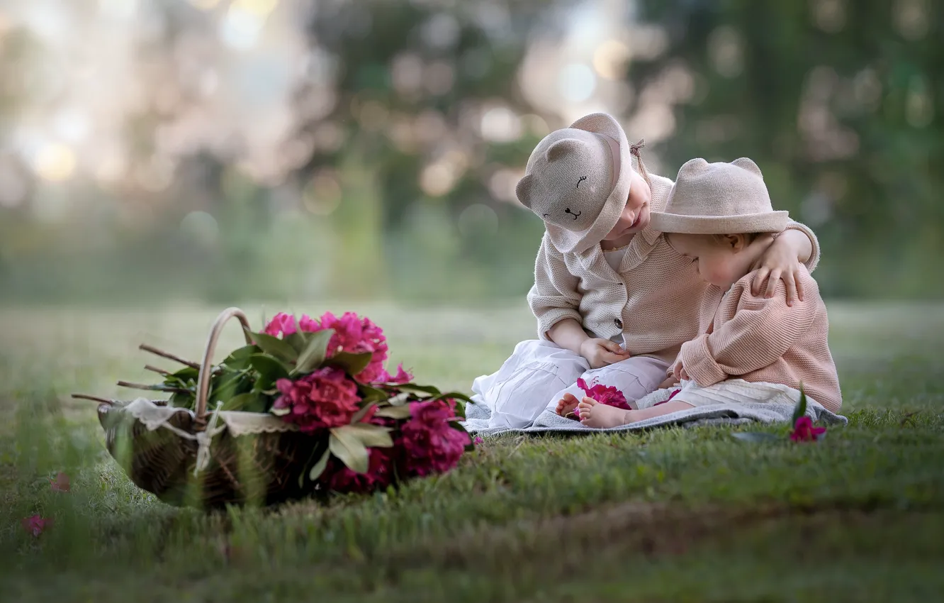 Photo wallpaper flowers, nature, children, basket, girl, Monika Porabik