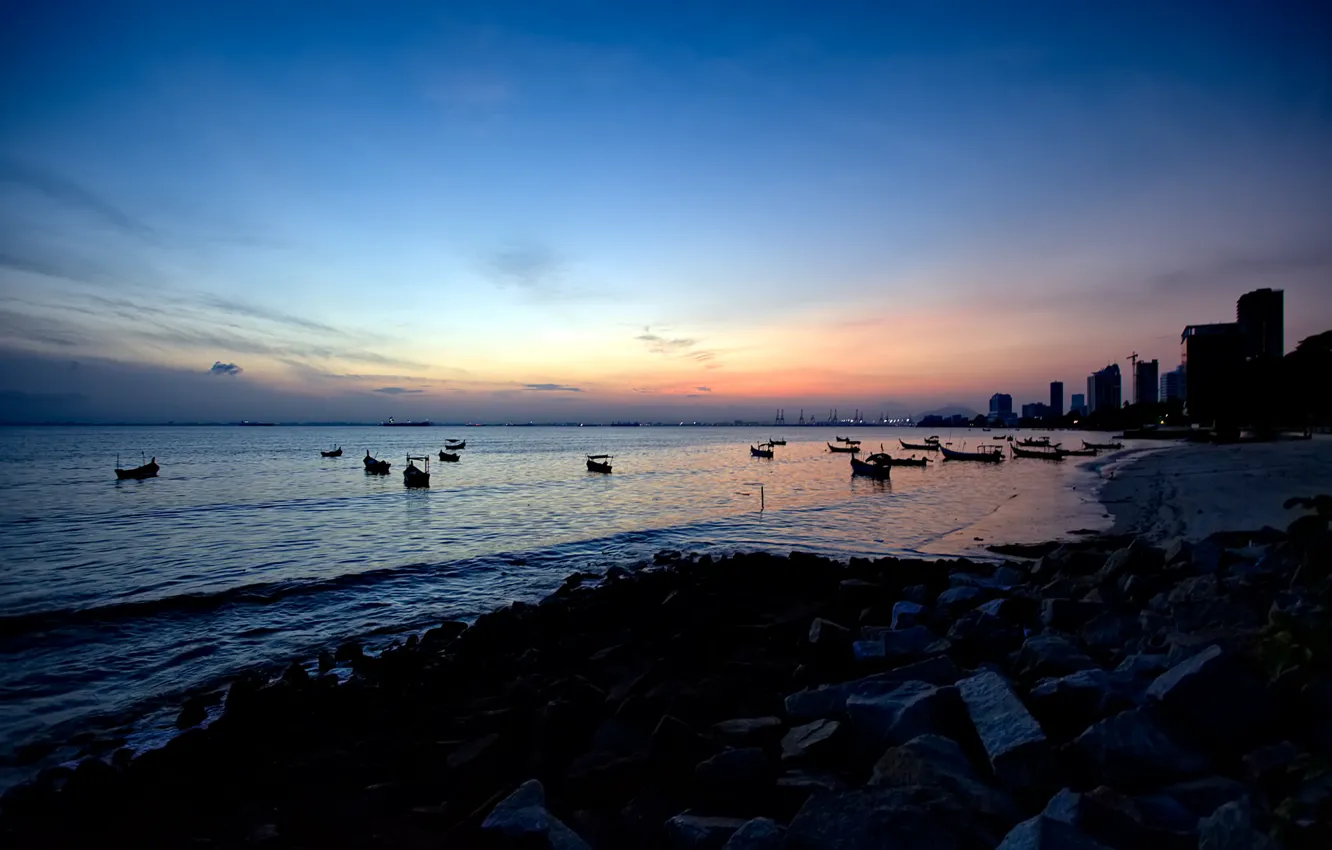 Photo wallpaper sea, the sky, sunset, the city, shore, boat, home
