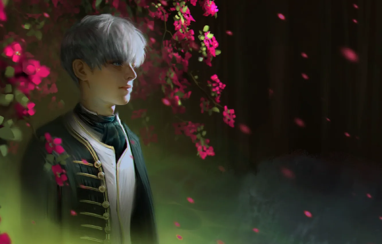 Photo wallpaper branches, tie, guy, white hair, military uniform, blurred background, bangs, flowering tree