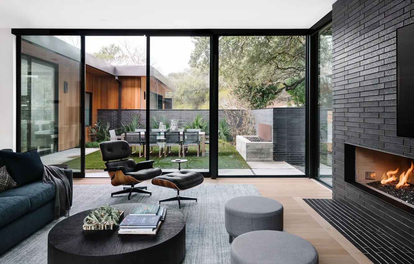 Photo wallpaper design, style, interior, fireplace, Austin, Austin, terrace, living room