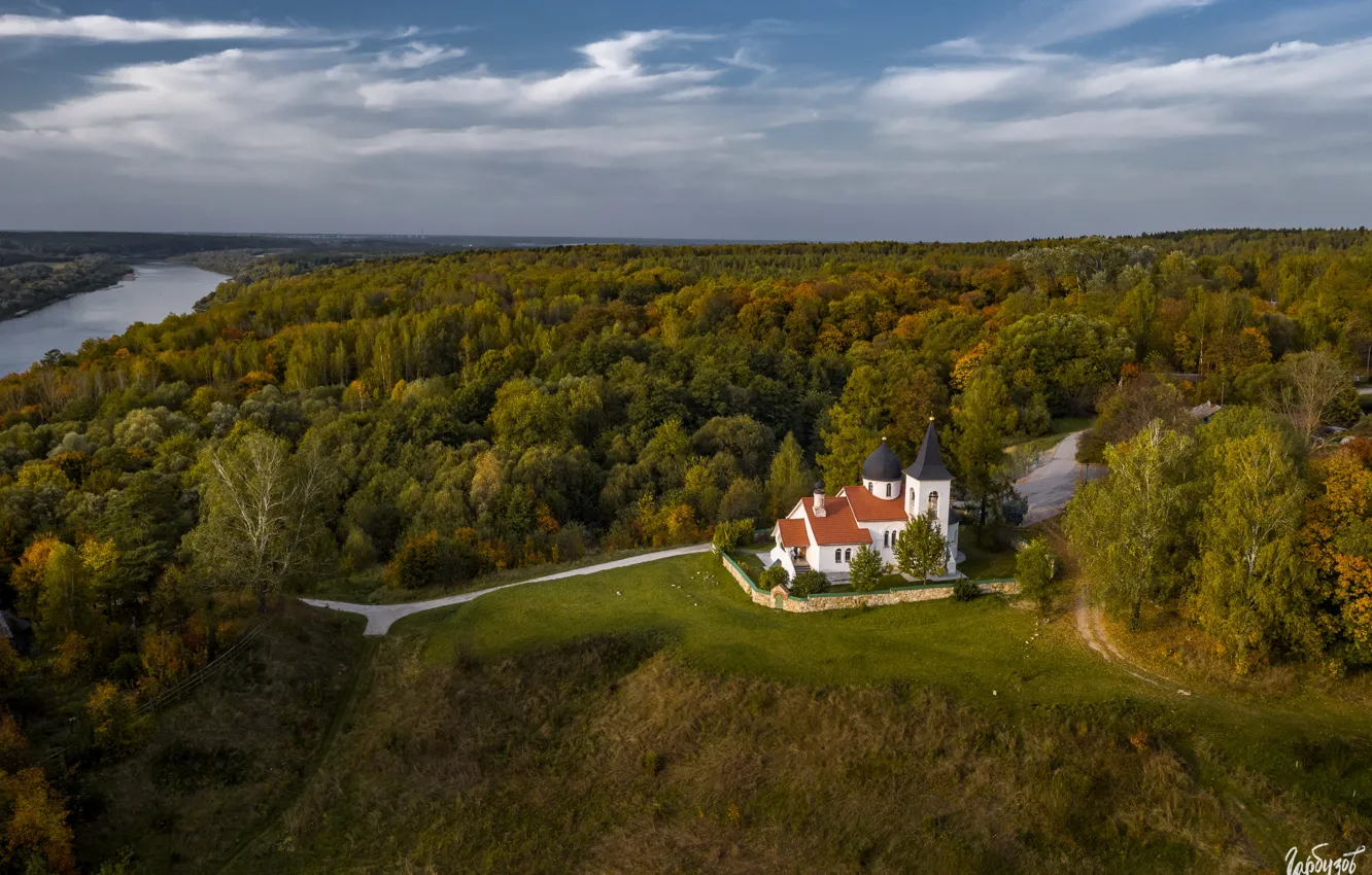 Photo wallpaper road, forest, landscape, nature, river, village, Oka, Ilya Garbuzov