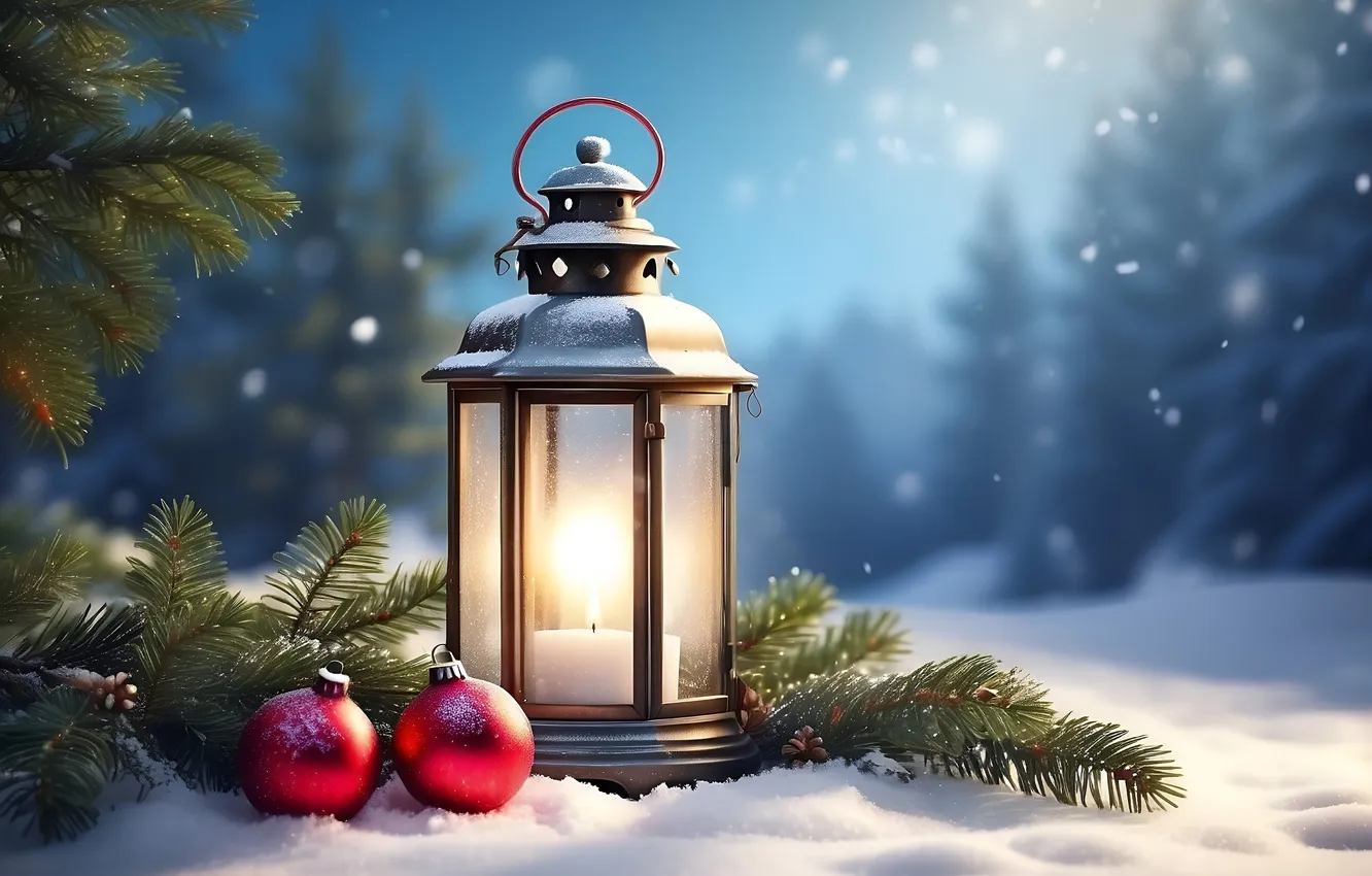 Photo wallpaper winter, snow, night, new year, Christmas, lights, Christmas, night