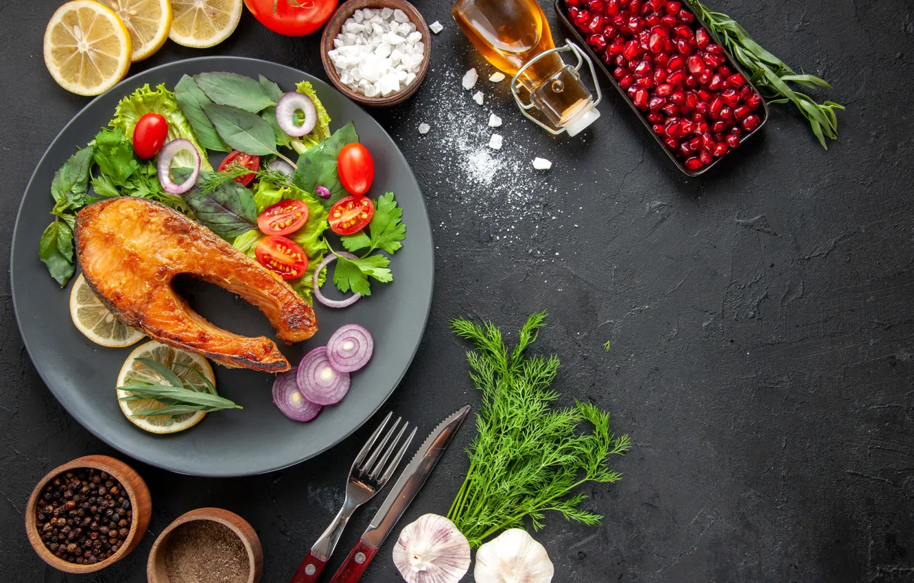 Photo wallpaper table, fish, plate, submission