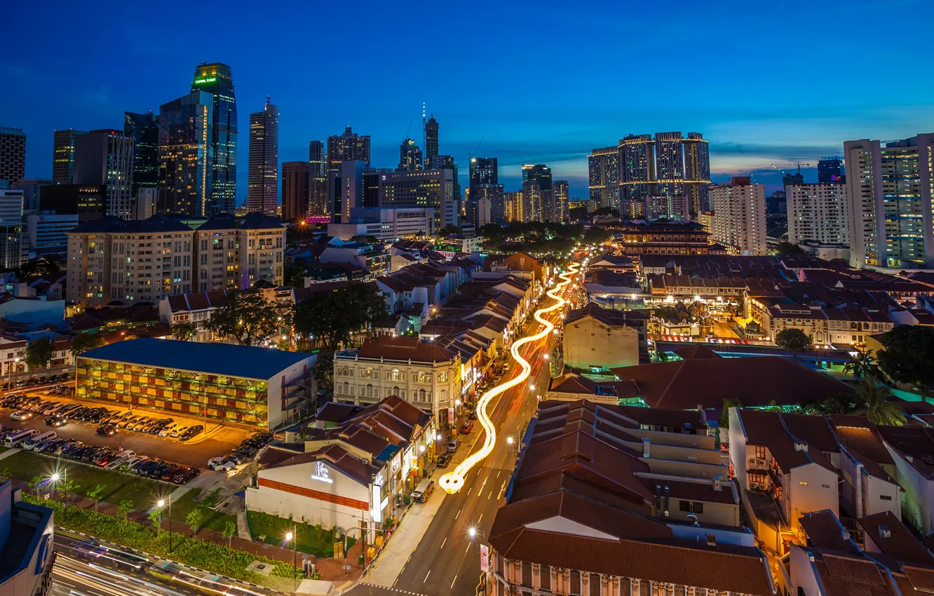 Photo wallpaper the sky, lights, building, road, home, the evening, lights, Singapore