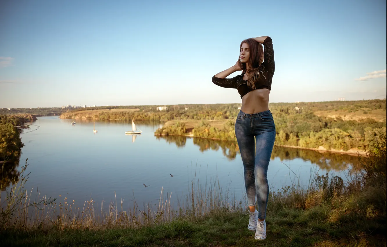 Photo wallpaper nature, river, tummy, jeans, figure, beautiful, legs, long hair