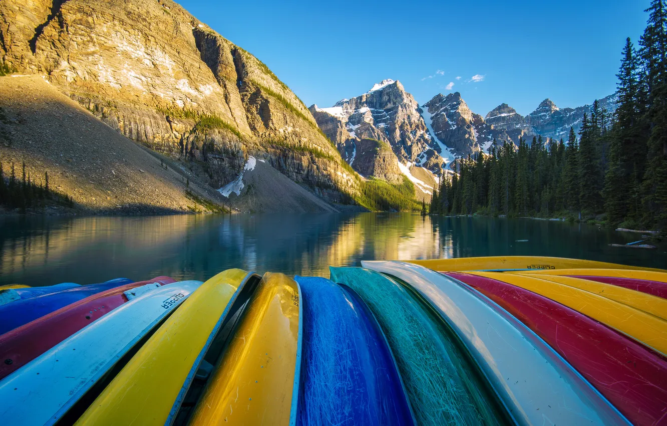 Photo wallpaper forest, mountains, lake, boat