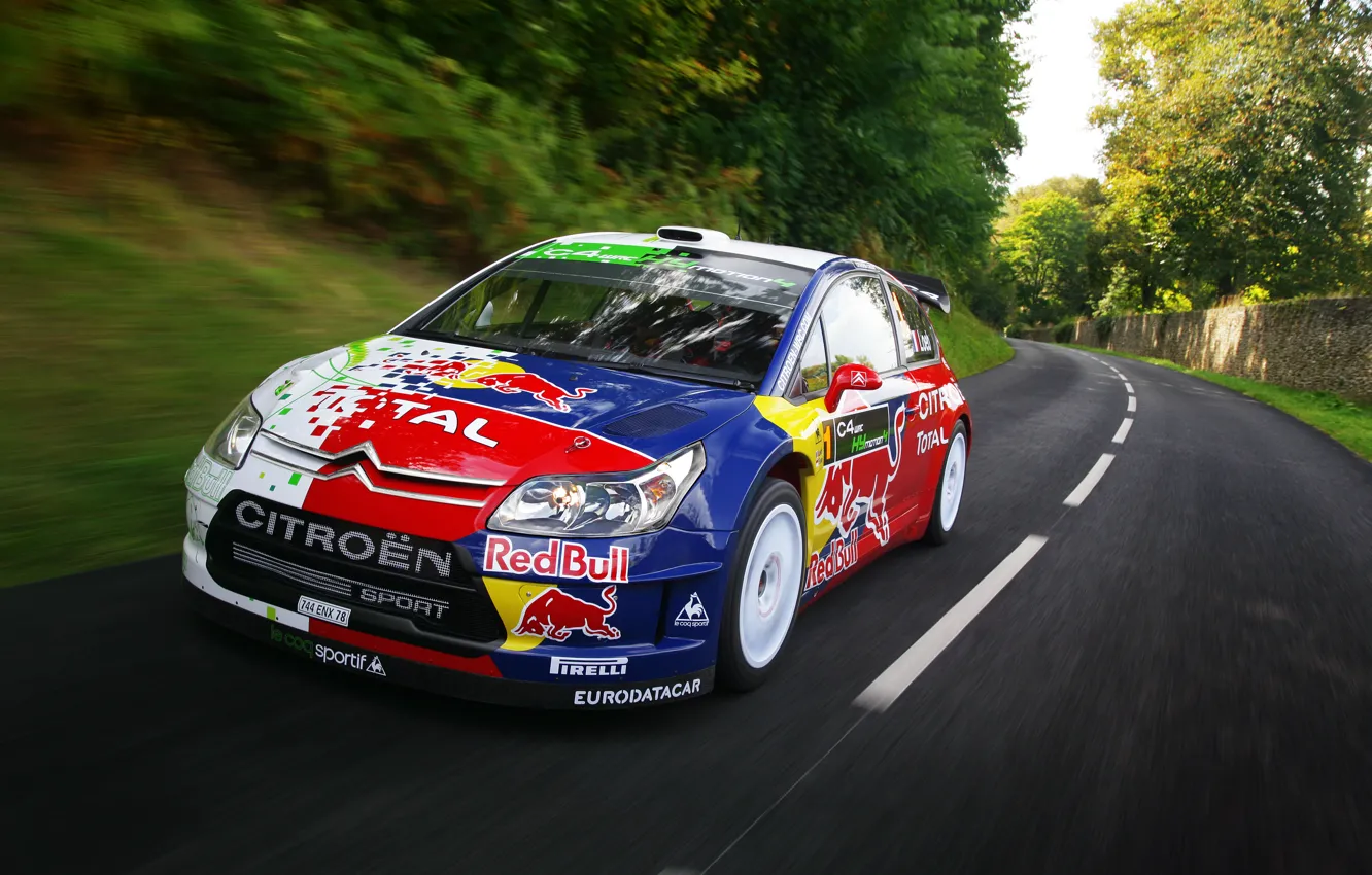 Photo wallpaper Road, Speed, Citroen, Car, Red Bull, Rally, The front, S. Loeb