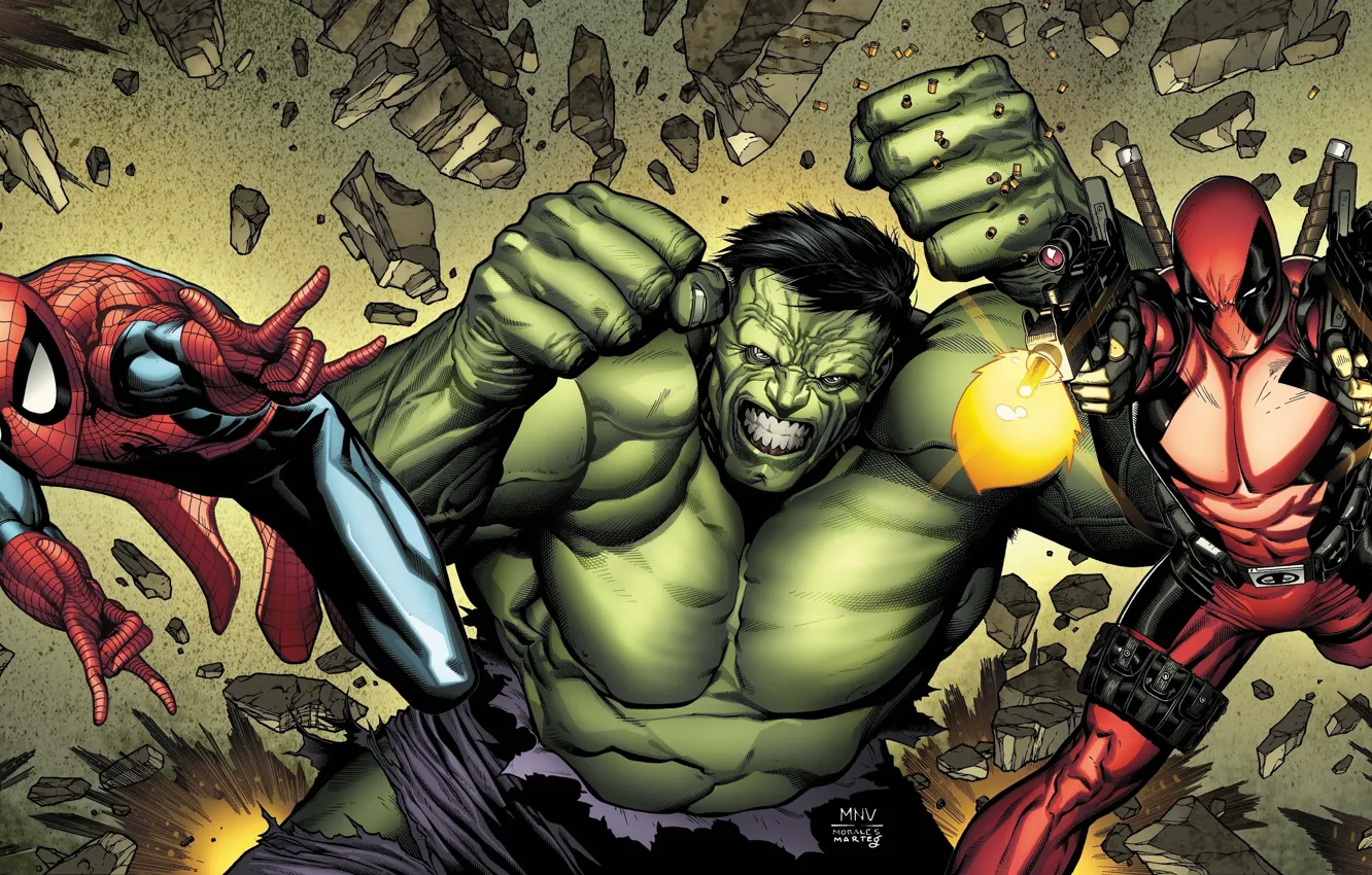 Photo wallpaper Hulk, Hulk, Deadpool, Marvel, Deadpool, Spider-man, Spider-Man, Peter Parker