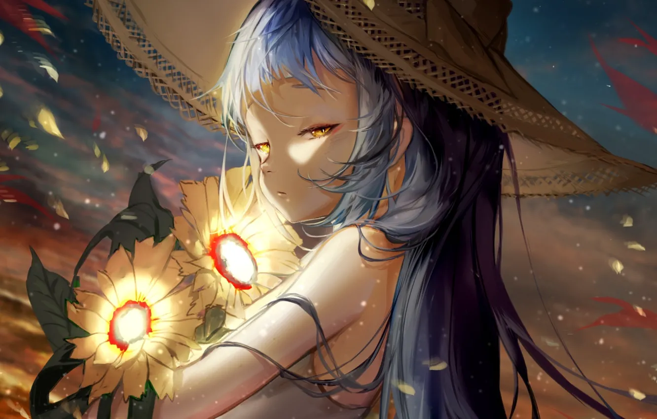 Photo wallpaper sunflowers, lights, the wind, petals, girl, blue hair, in the hat, yellow eyes