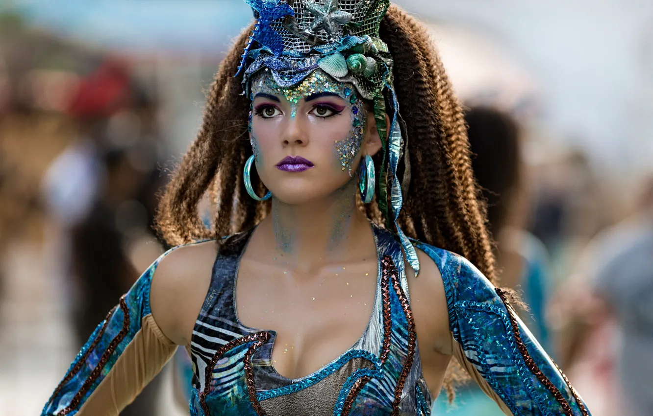 Photo wallpaper look, girl, face, style, portrait, earrings, makeup, costume