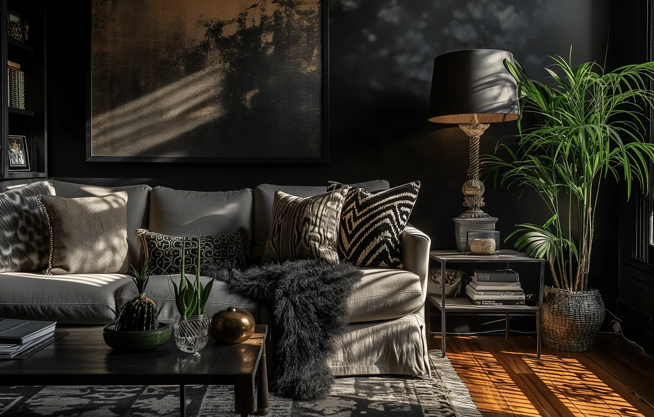 Photo wallpaper plant, lamp, interior, picture, book, luxury sofa, Gothic style, black color in the interior
