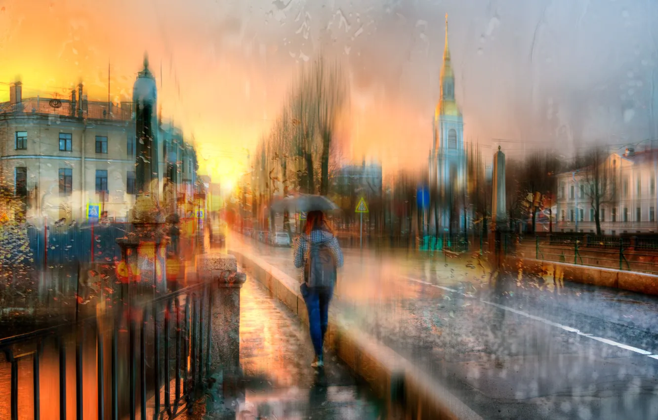 Photo wallpaper sunset, the city, rain, street, building, the evening, Peter, Saint Petersburg