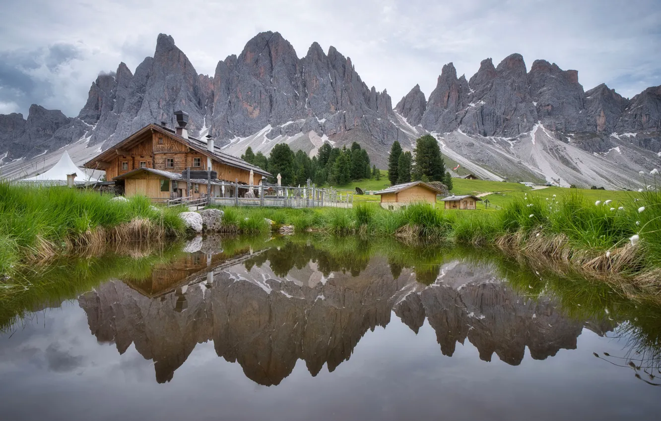 Photo wallpaper grass, trees, mountains, lake, reflection, shore, tops, Alps