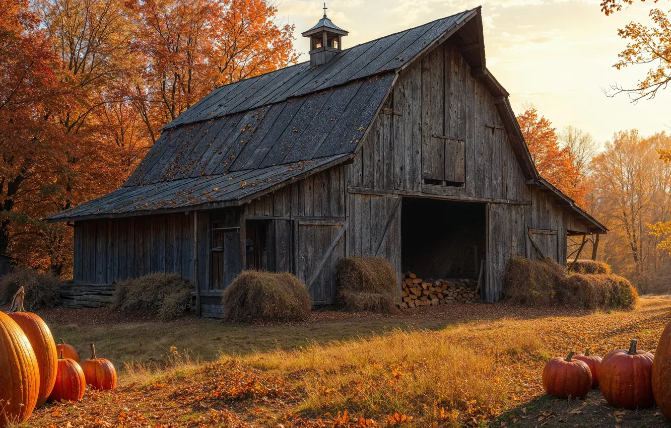 Photo wallpaper autumn, home, pumpkin, the barn, AI art, neural network