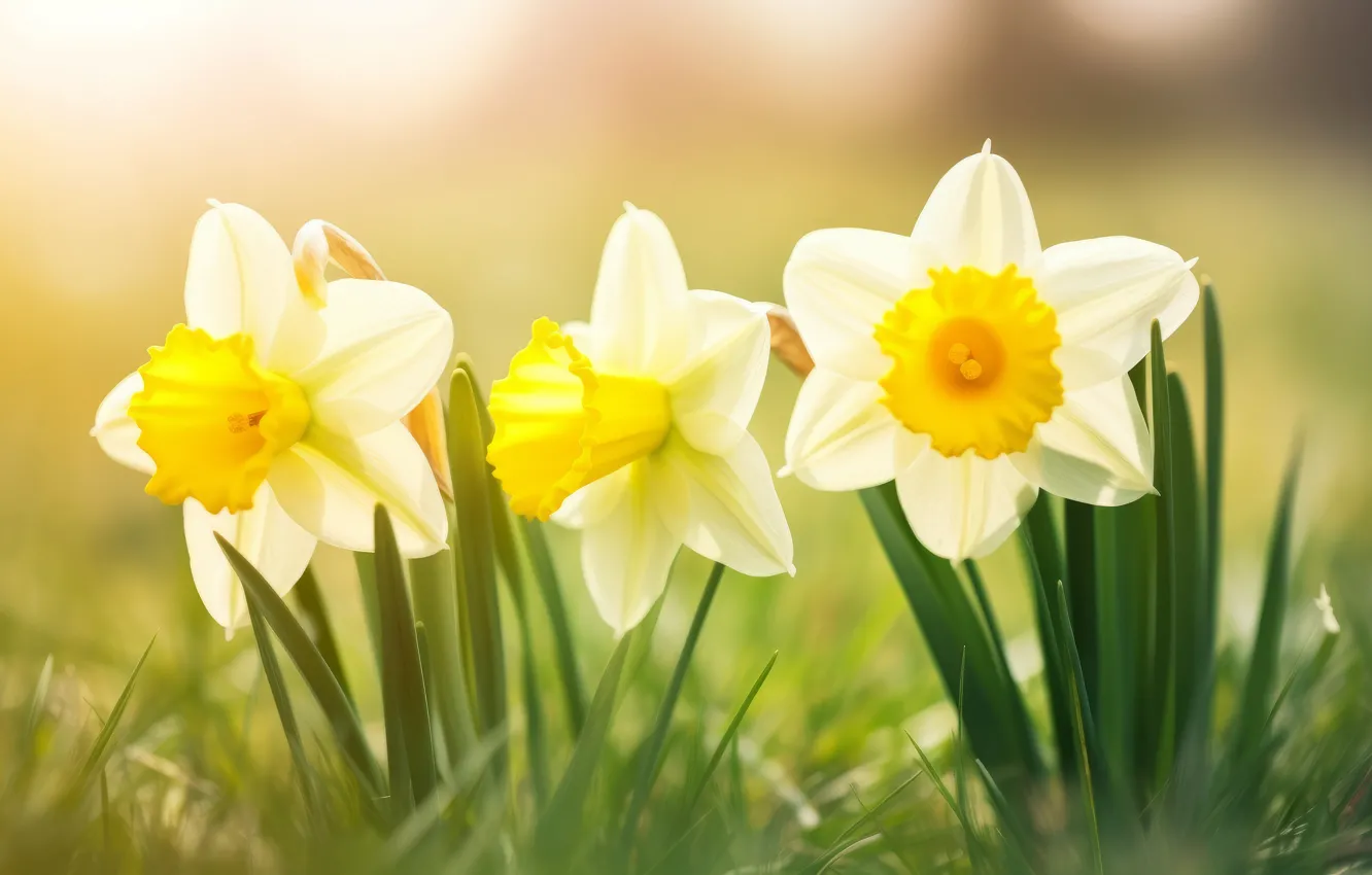 Photo wallpaper flowers, nature, spring, daffodils, AI art, neural network