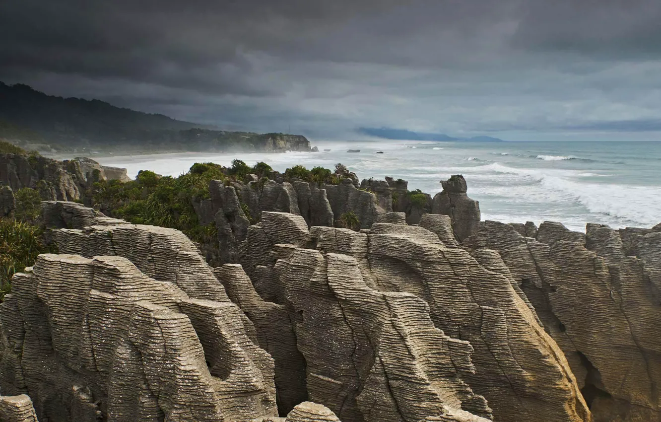 Photo wallpaper sea, rocks, New Zealand, South island, Ponchiki