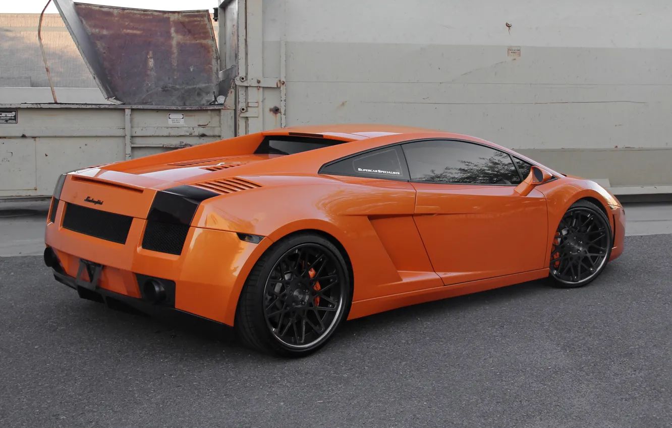 Photo wallpaper orange, black, the fence, gallardo, lamborghini, drives, rear view, orange