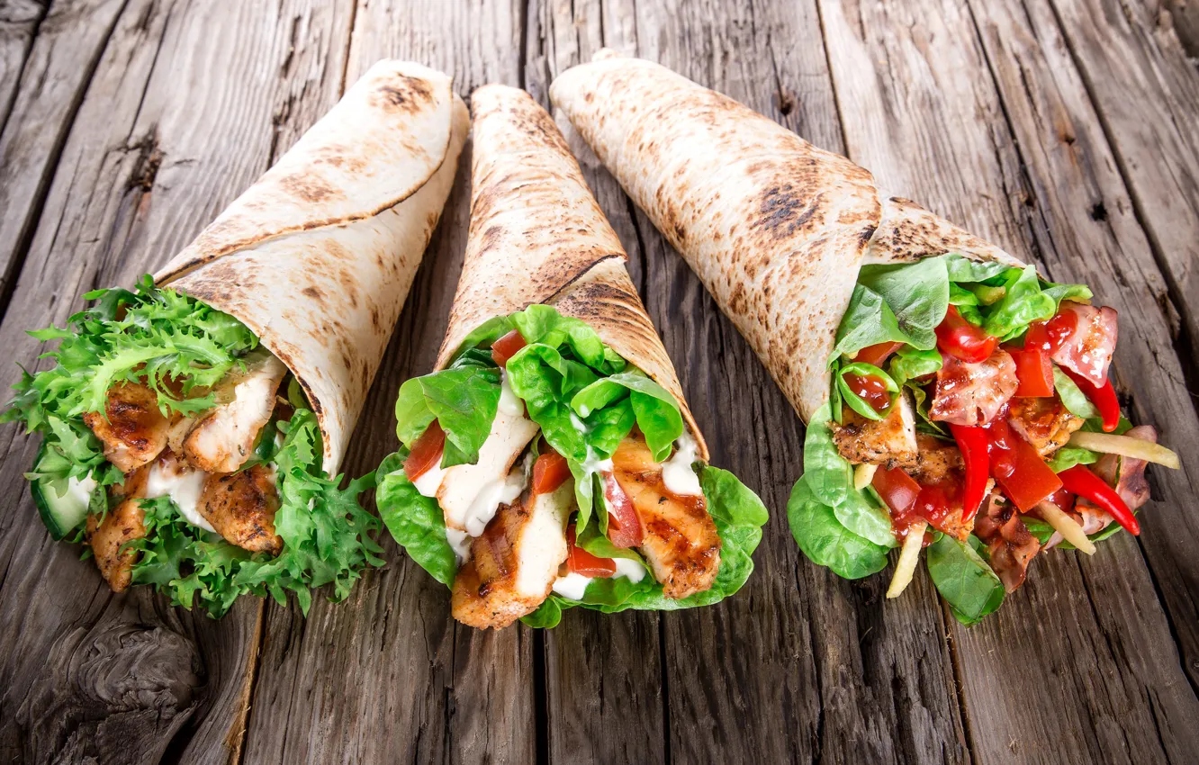 Photo wallpaper greens, leaves, meat, pepper, sauce, delicious, pita