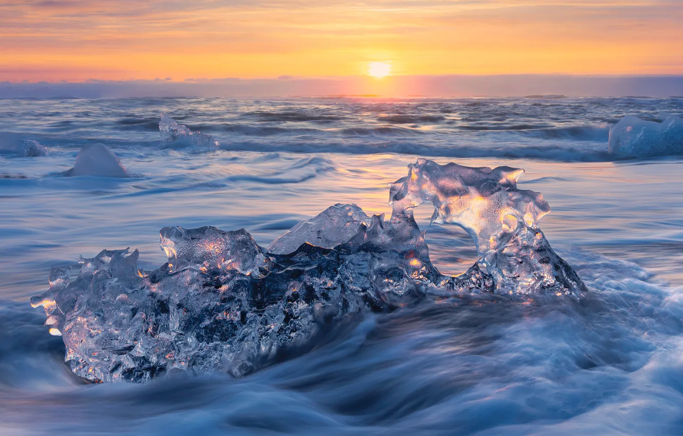 Photo wallpaper ice, winter, sea, wave, the sky, transparency, the sun, light