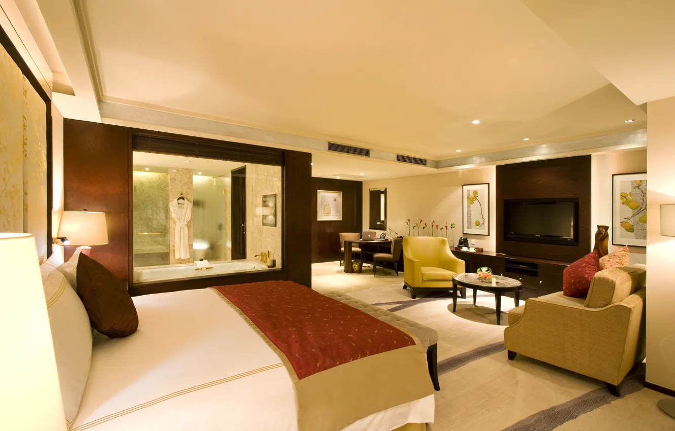 Photo wallpaper table, room, Wallpaper, bed, interior, room, TV, bath