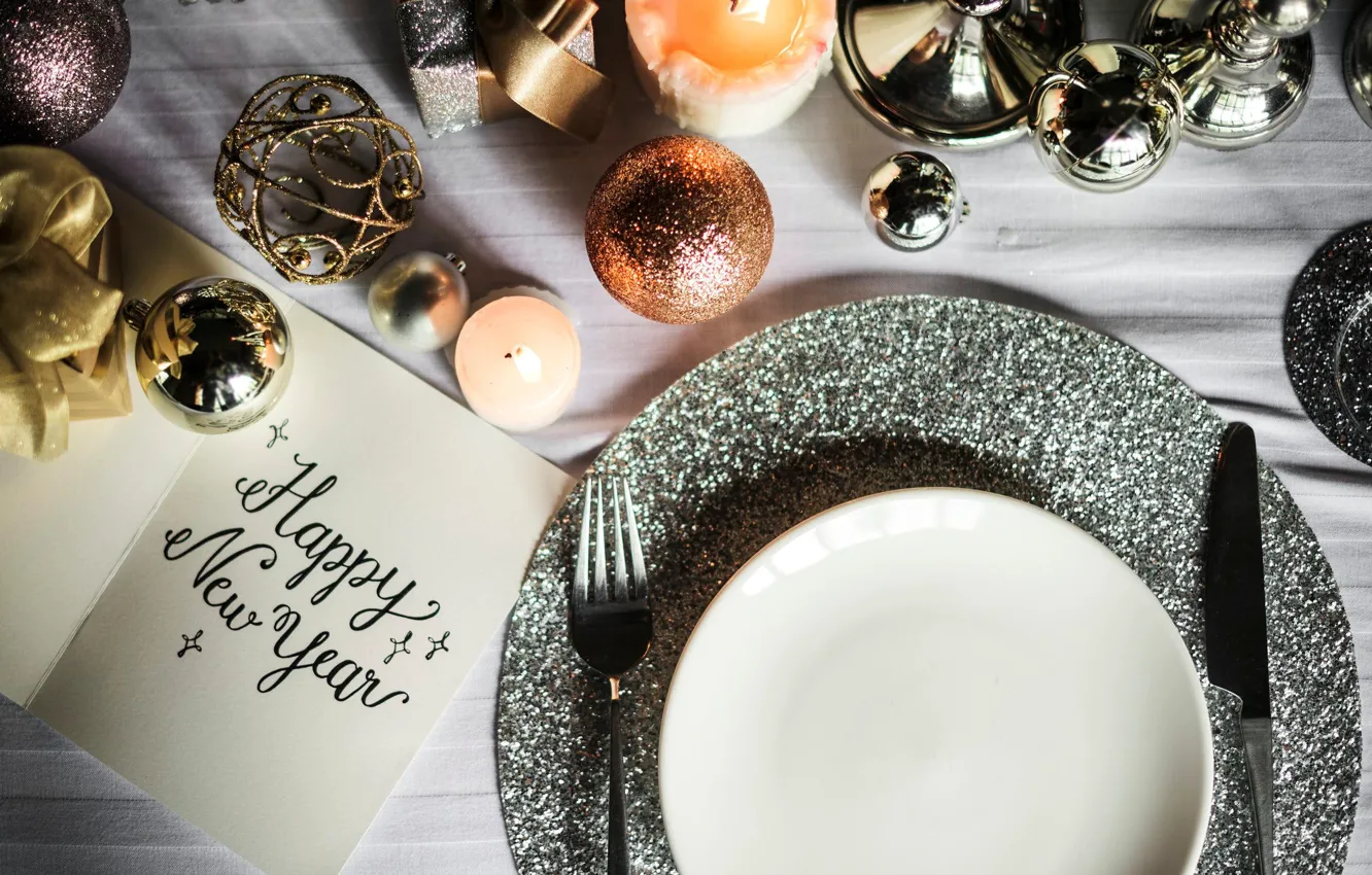 Photo wallpaper the inscription, new year, candle, sequins, plate, knife, plug