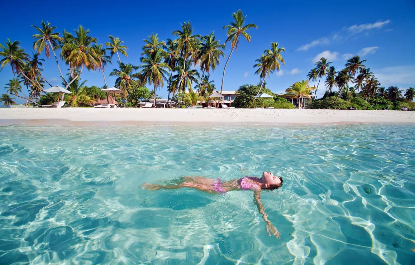 Photo wallpaper beach, girl, palm trees, the ocean, resort