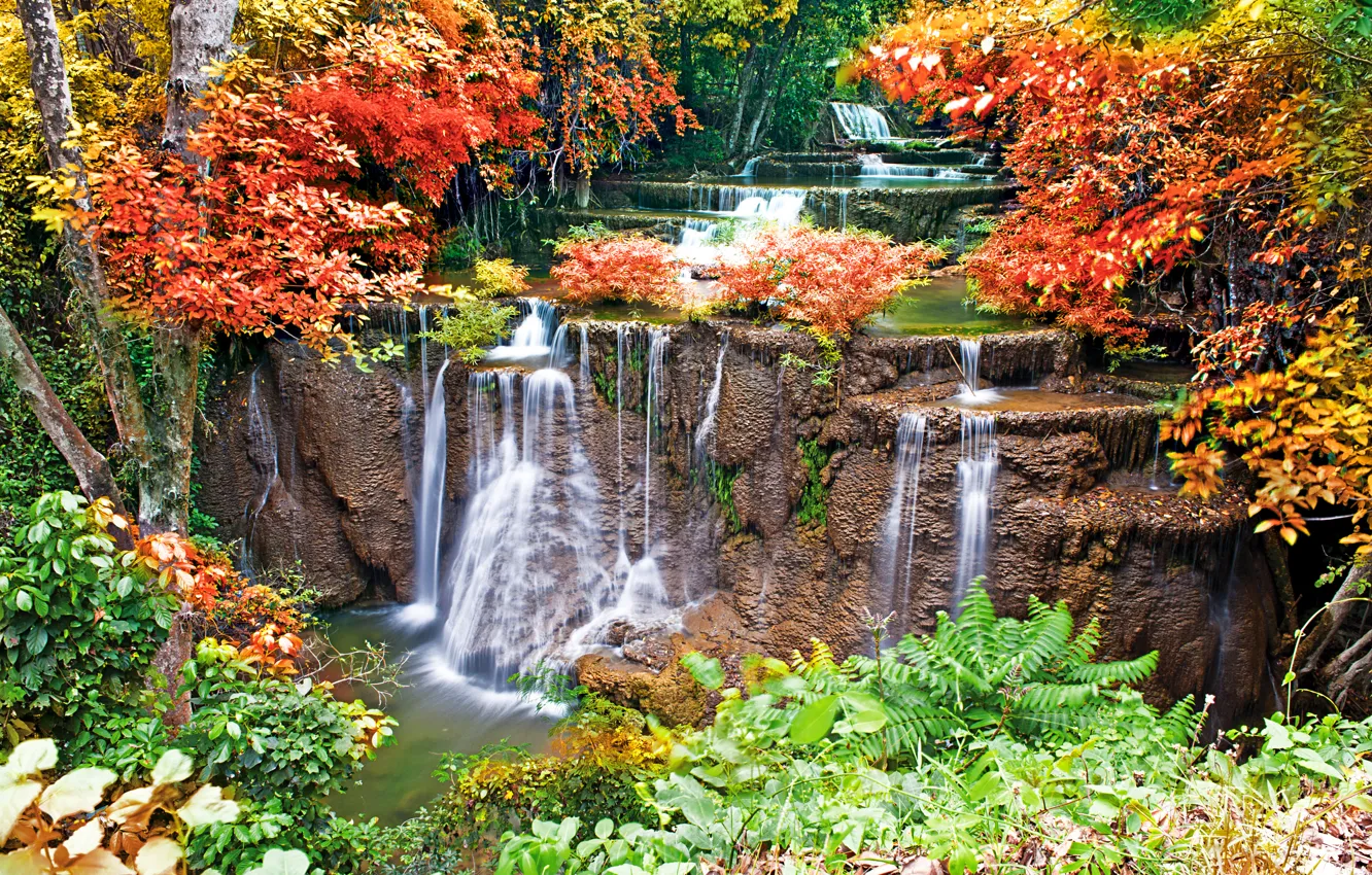 Photo wallpaper autumn, water, stones, waterfall