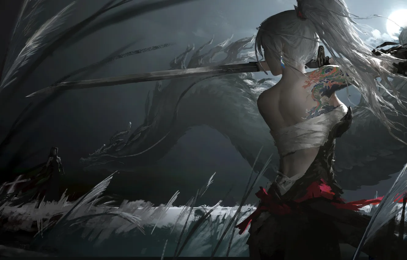 Photo wallpaper dark, girl, sword, fantasy, night, ponytail, fight, tattoo