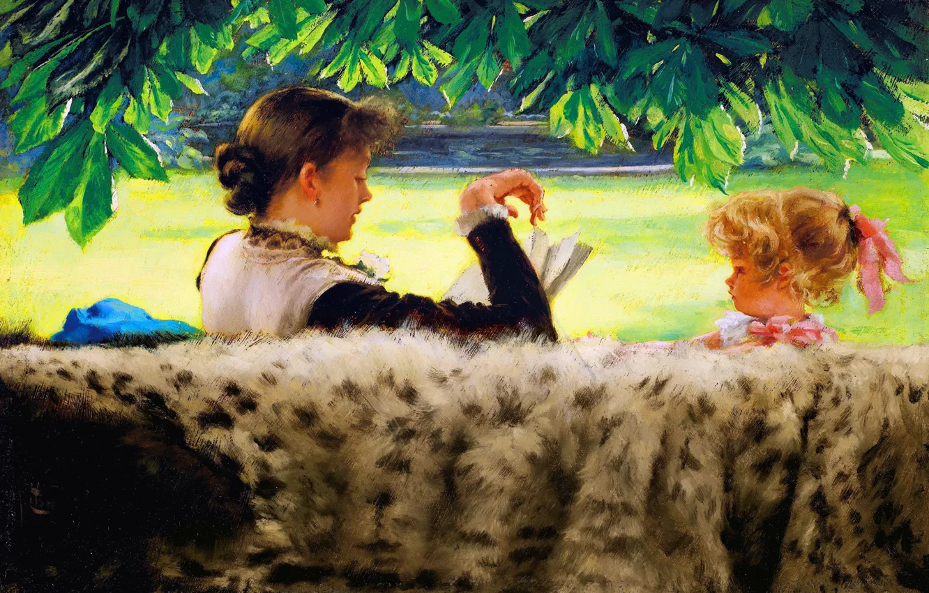 Photo wallpaper woman, tale, picture, girl, book, two, reads, French artist