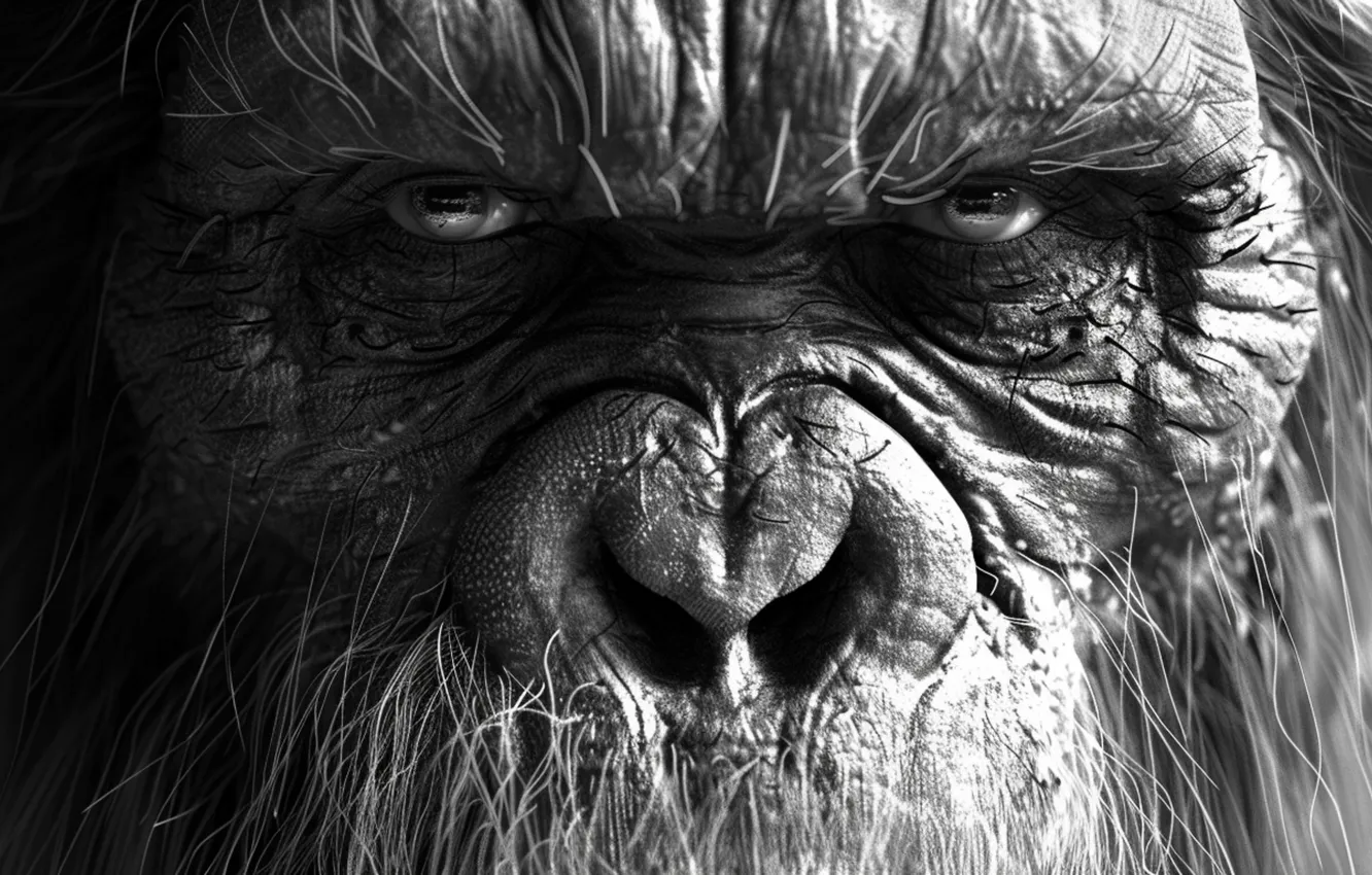 Photo wallpaper Being, Look, Eyes, Face, Digital art, Black and white, Closeup, Bigfoot