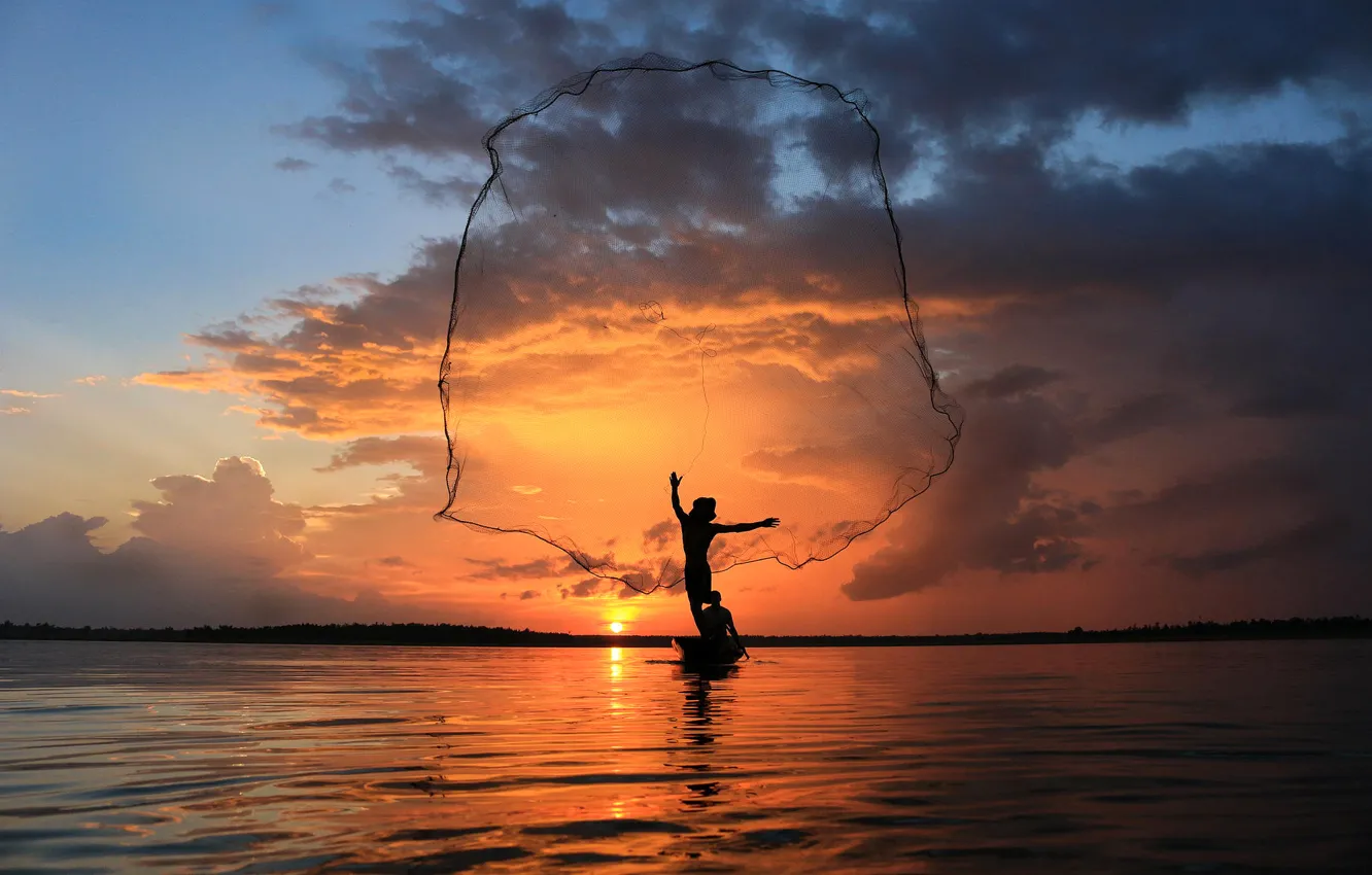 Photo wallpaper the sky, sunset, network, boat, fisherman, Thailand, Thailand