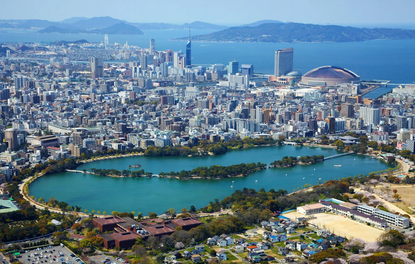 Photo wallpaper sea, lake, coast, home, Japan, panorama, megapolis, the view from the top