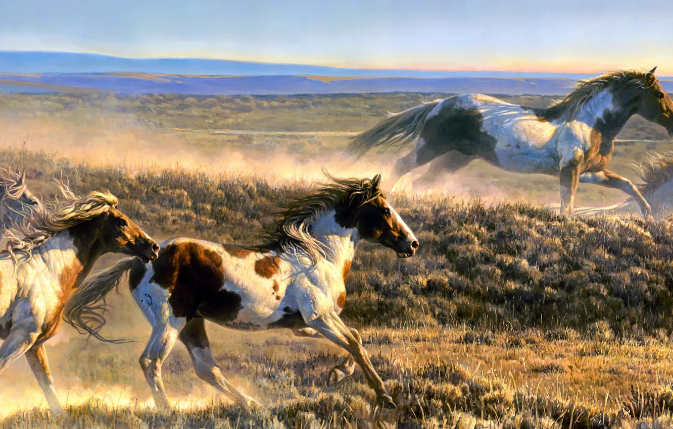 Photo wallpaper field, figure, horses, picture, horse, art, running, painting